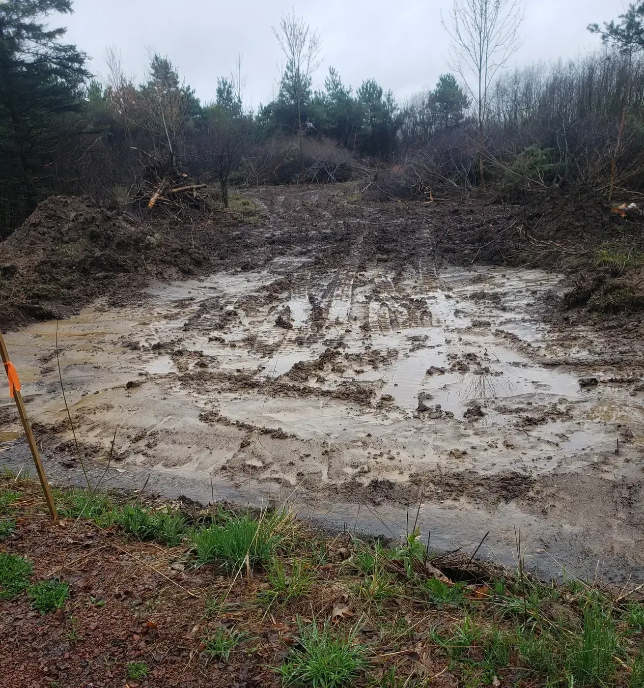New driveway entrance cleared and rough graded through a wooded lot in Marshfield, WI