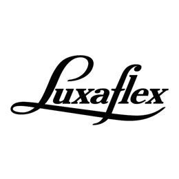 Logo Luxaflex in corsivo nero su sfondo bianco.