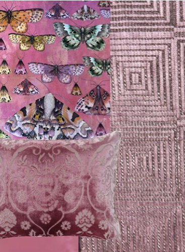 Collage tessile rosa a tema farfalle con pannelli di tessuto fantasia e un cuscino decorativo.