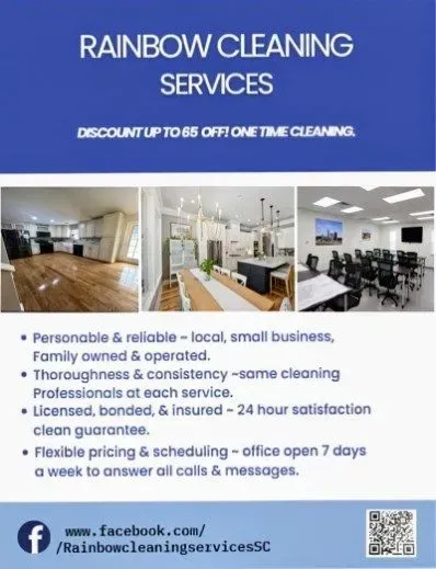 Advertisement for Rainbow Cleaning Services with photos of cleaned spaces; offers discounts, guarantees, and flexible scheduling.