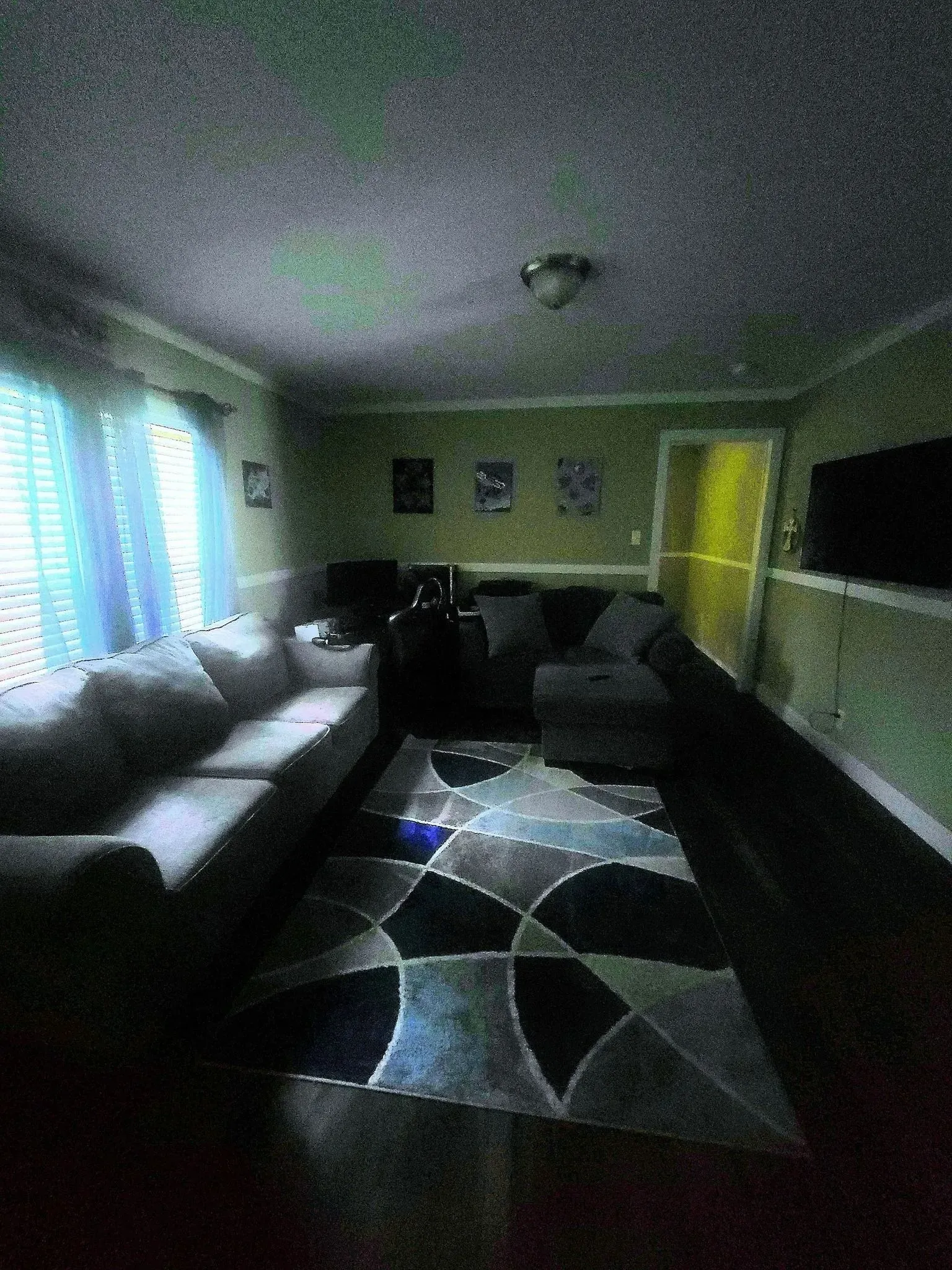 Living room with couches, rug, and green walls.