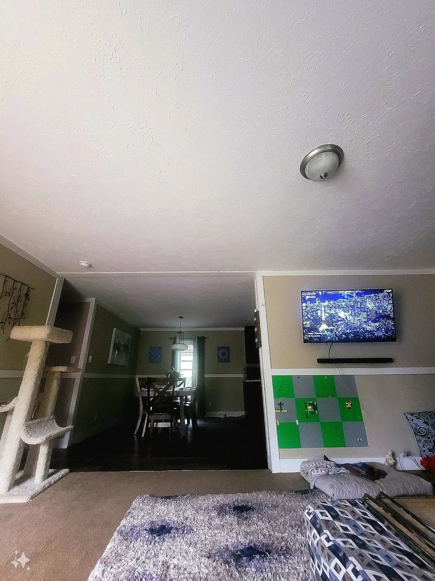 Living room with a cat tree, TV, dining area, and blue and white rug.