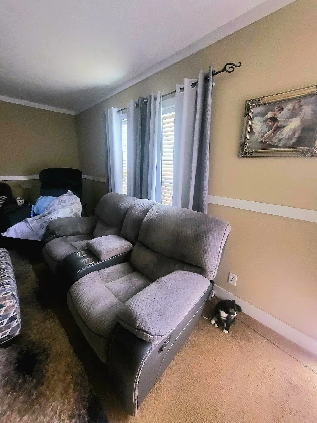 Gray recliner sofa in a room with neutral walls, curtains, and artwork; a small dog is on the floor.
