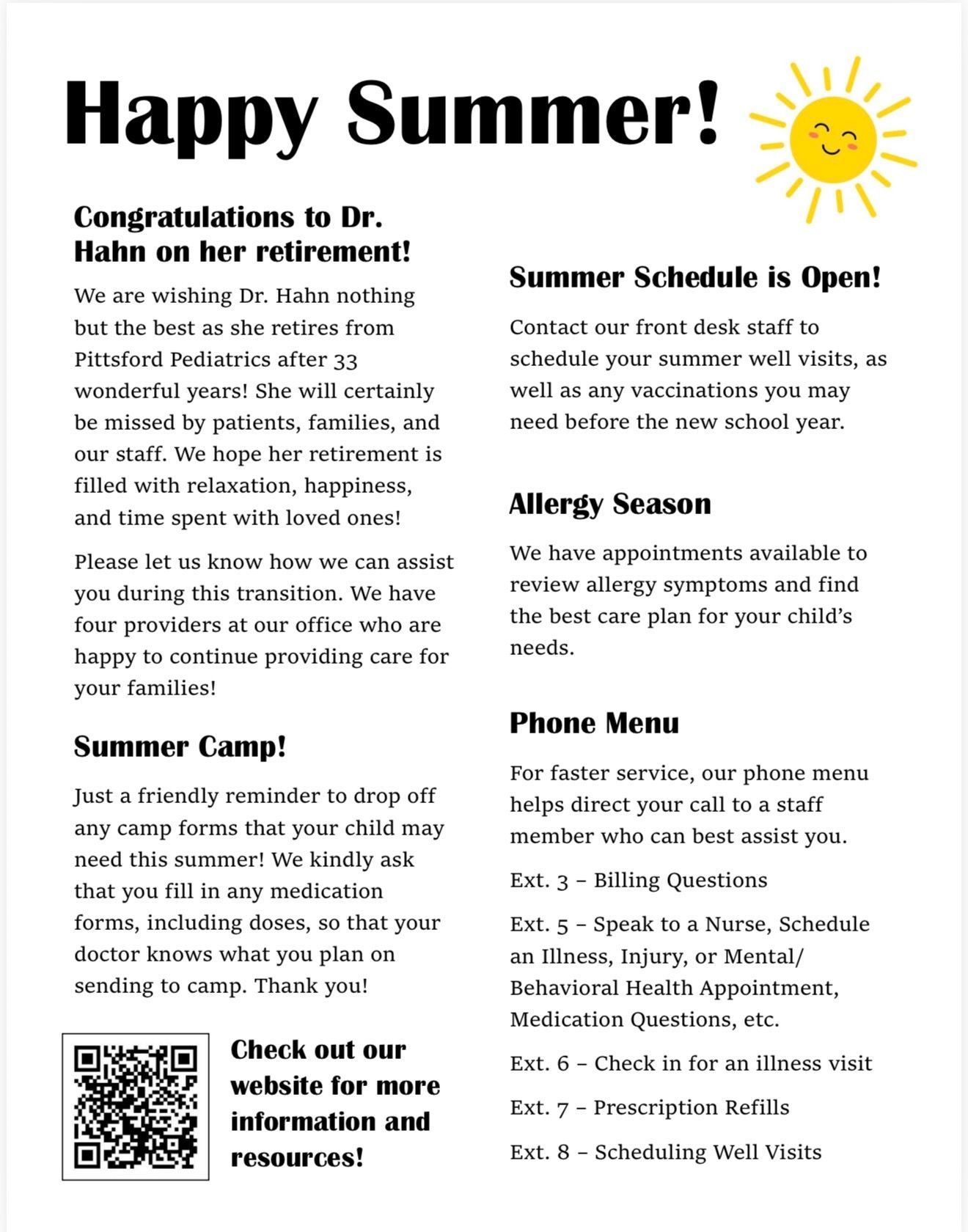 Flyer titled “Happy Summer!” with announcements, summer schedule, allergy updates, and phone menu info.