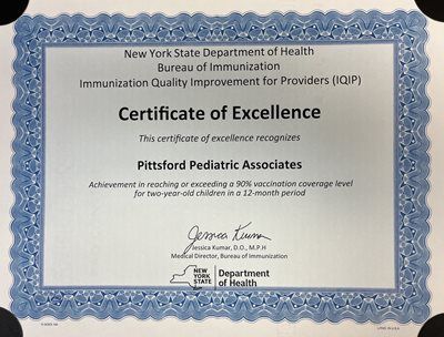 Certificate of Excellence from New York State Department of Health.