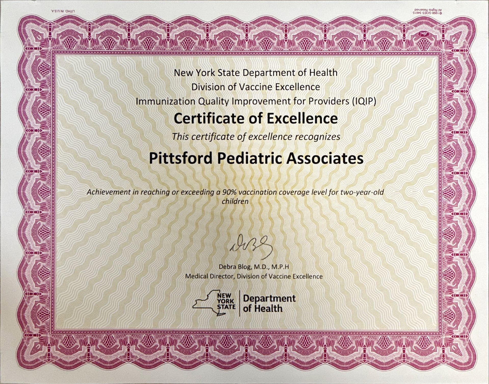 Certificate of Excellence from New York State Department of Health.