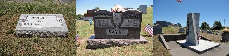Three cemetery gravestones, including a flat white marker, a dark upright monument, and a polished black monument.
