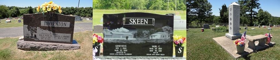 Three views of a black granite cemetery headstone with flowers in a grassy memorial park.