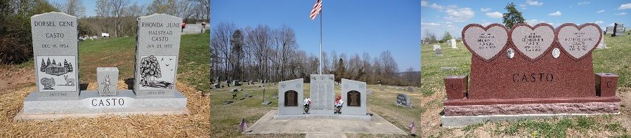 Three memorial monuments in a grassy cemetery under a blue sky, including a stone plaque and heart-shaped markers