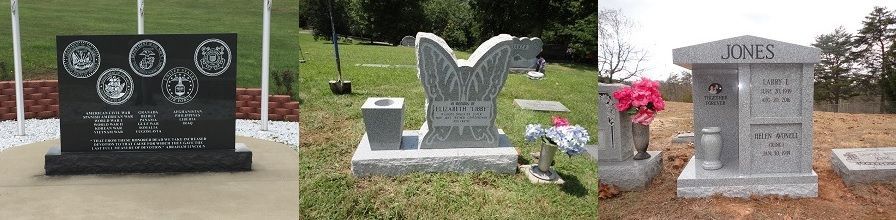 Three cemetery memorial stones with engraved portraits and flowers on a gravel memorial plot
