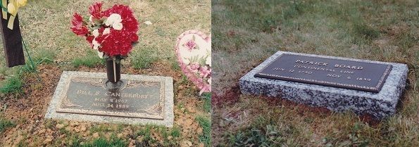 Two cemetery grave markers: one with red flowers, one flat gray plaque on grass.