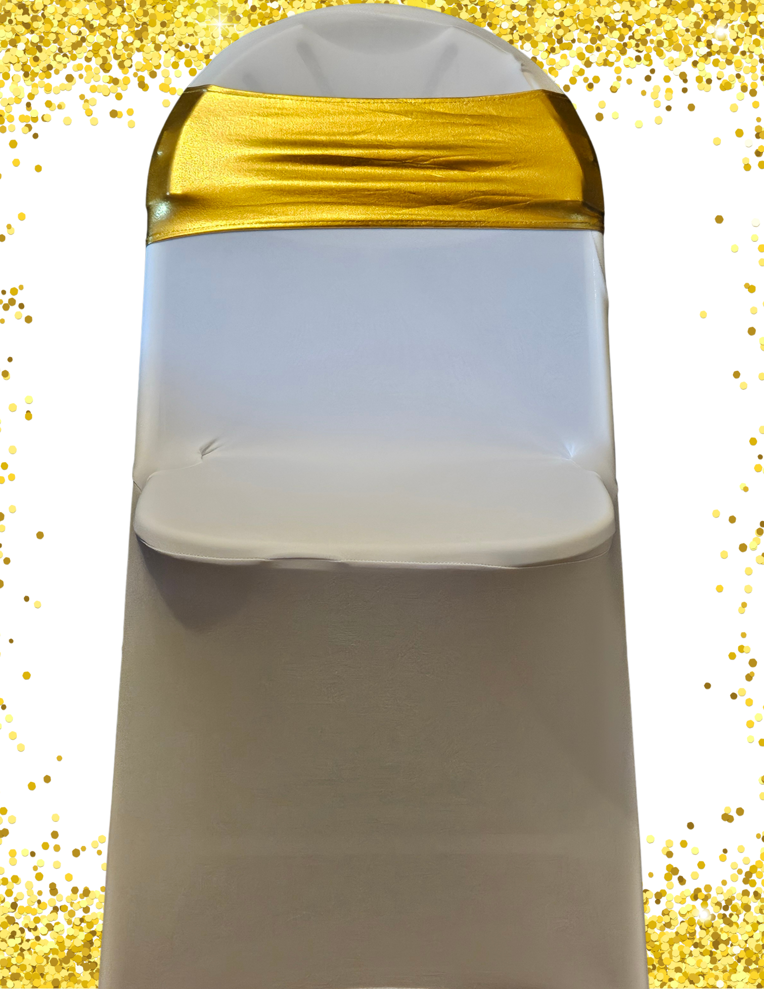 White chair with gold sash, against a gold glitter background.