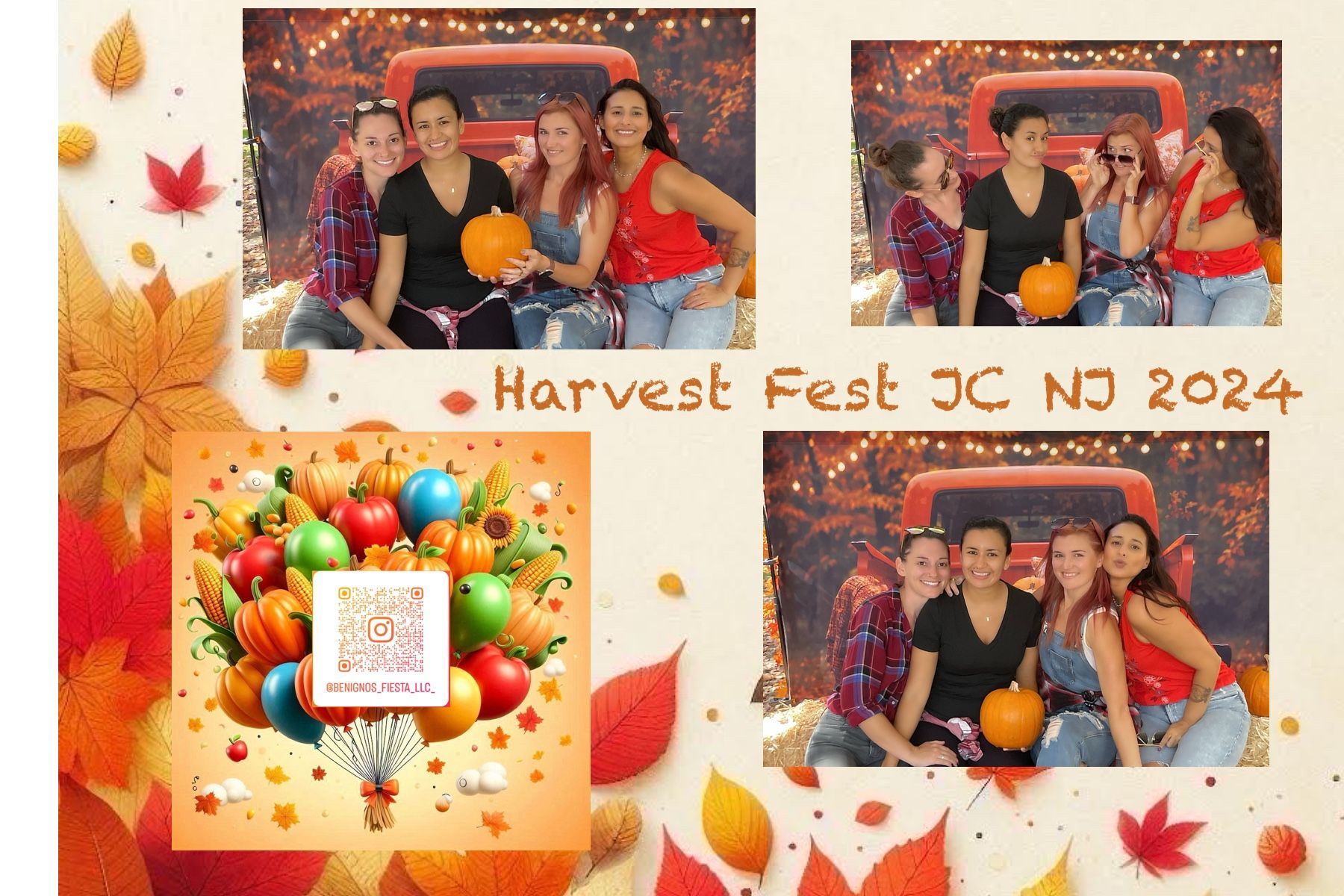 Harvest Fest JC NJ 2024 photo booth strip. Friends posing with pumpkins and fall decor in front of a red truck backdrop.