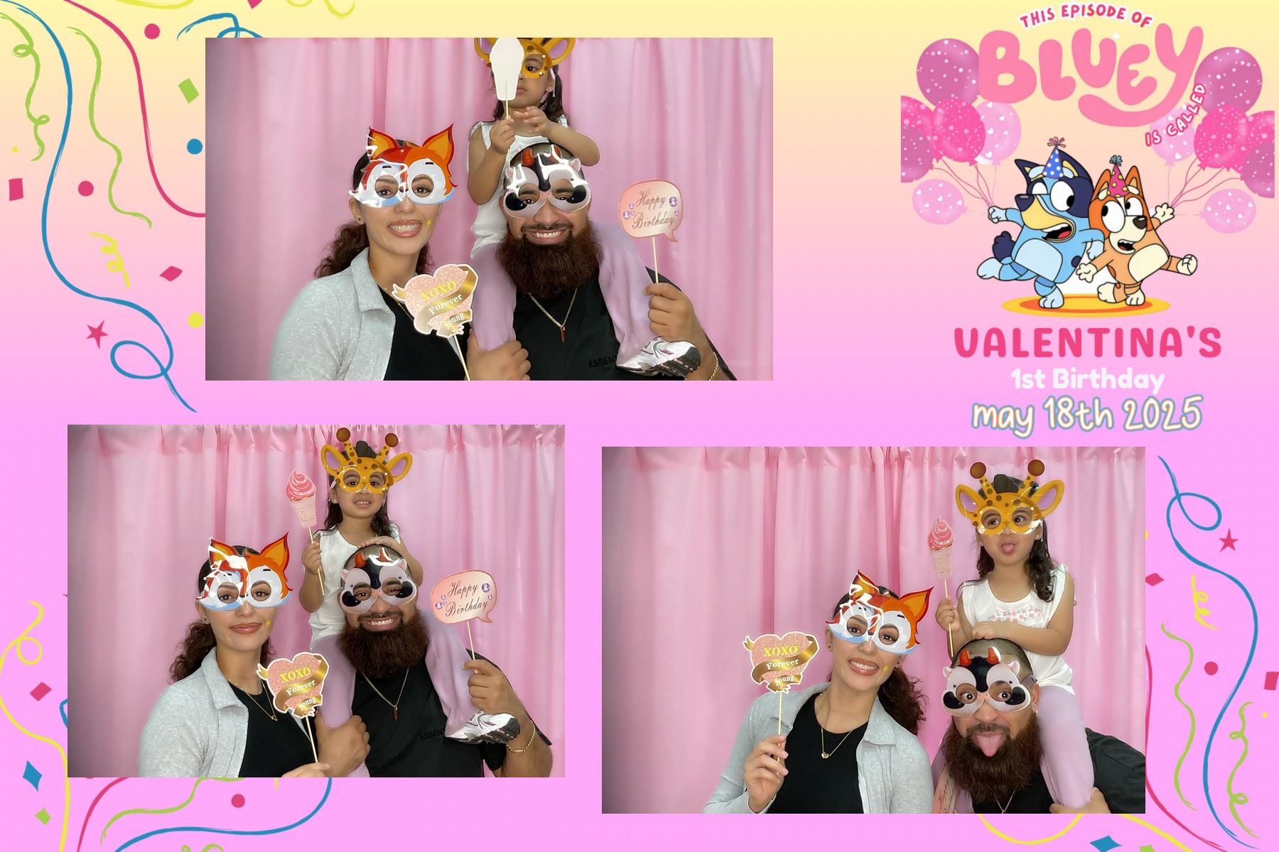 Photo booth collage: Two adults and a child wearing animal masks and holding props, posing in front of a pink backdrop.  A 