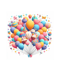 A colorful cluster of balloons in various shapes and patterns, including cupcakes, against a white background.