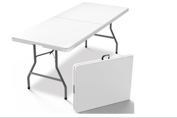 White folding rectangular table, partially folded, with metal legs, handle, and a second table folded for storage.
