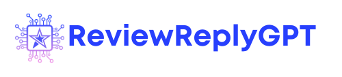 A blue and purple logo for reviewreplygpt