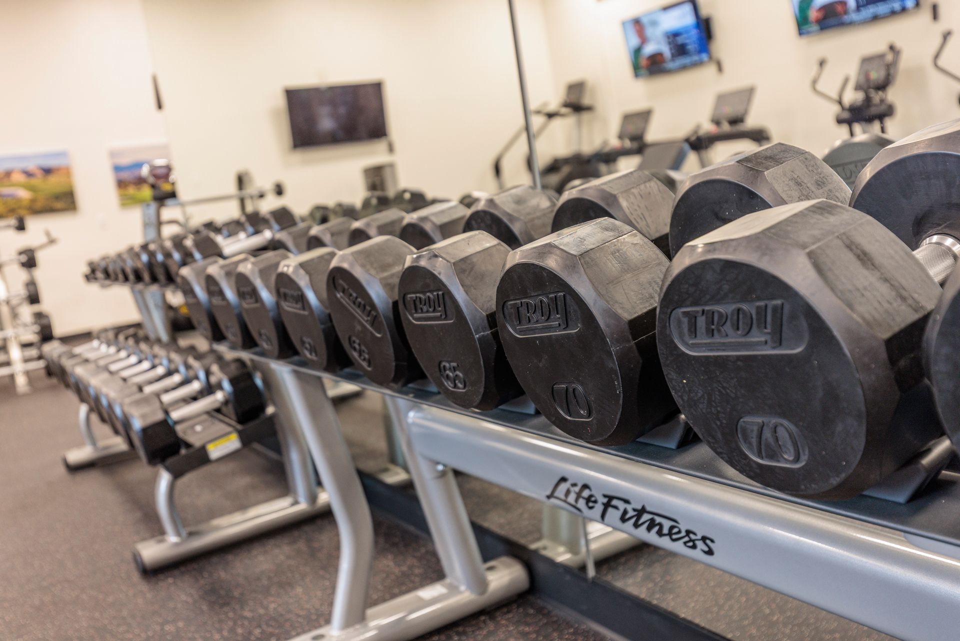Dumbbells on a rack in a gym, with treadmills and televisions in the background.