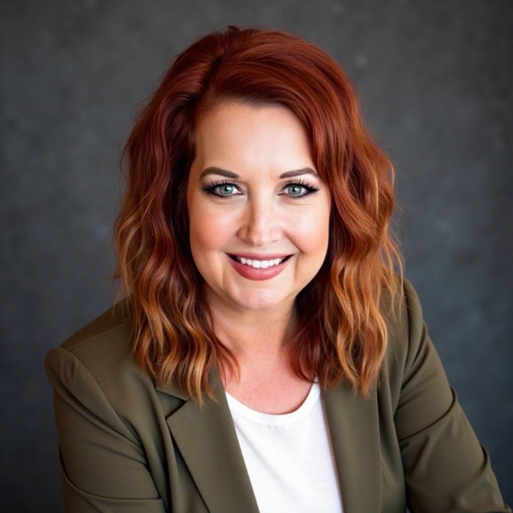 Female with wavy red hair, wearing green blazer with white top, against a blue background