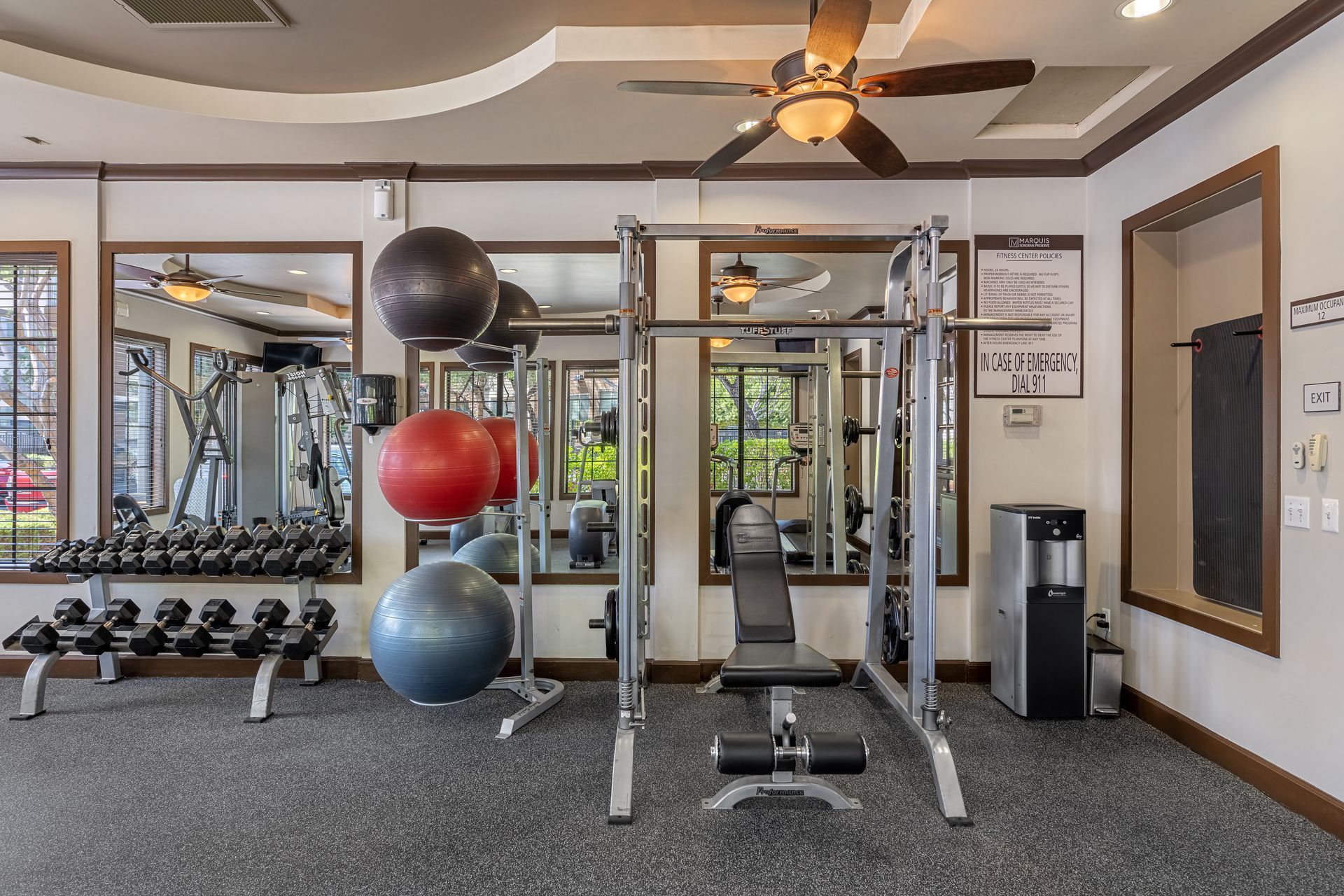 Modern gym with dumbbells, exercise balls, cable machine, and cardio equipment in a bright room
