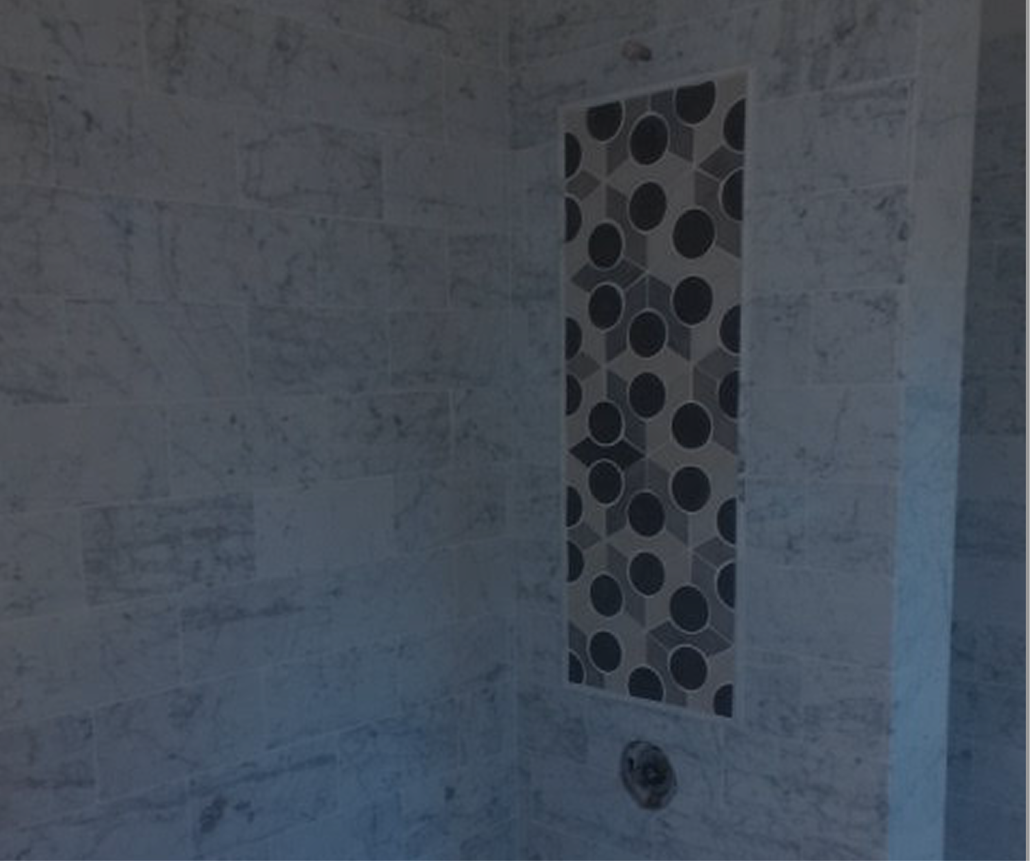 Bathroom shower with white and patterned gray tiles.