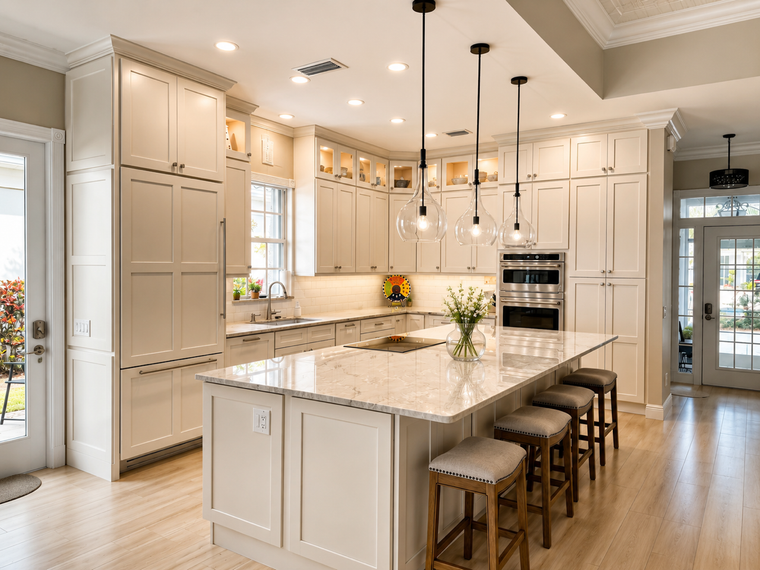 Bright white kitchen with island, pendant lights, built-in ovens, and barstools under glossy floors.