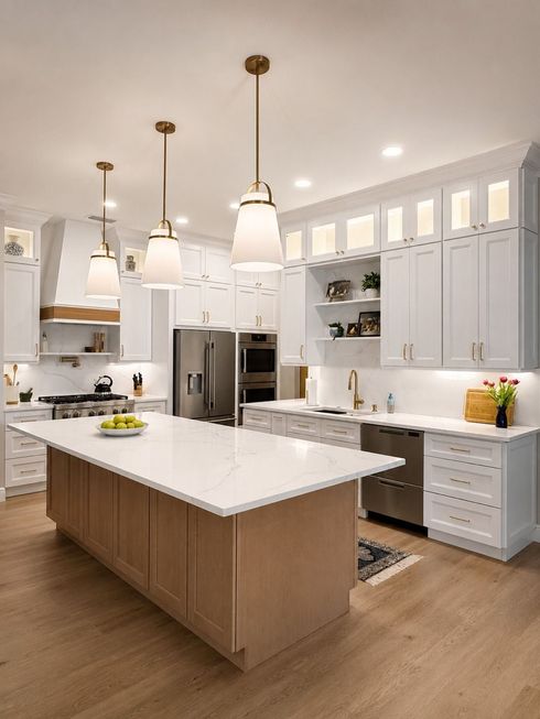 Bright modern white kitchen with a large island, pendant lights, stainless fridge, and wood floors