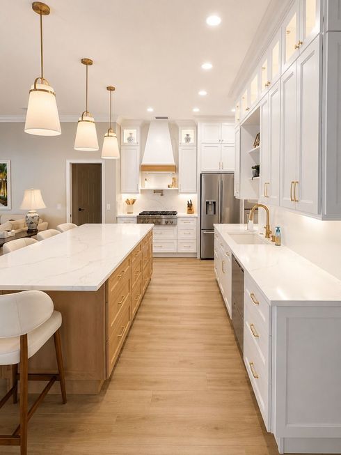 Bright modern white kitchen with marble island, wood floors, pendant lights, and stainless steel appliances