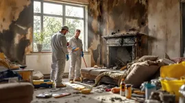 Burned kitchen with smoke damage, charred cabinets, and a scorched stove amid debris