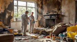 Burned kitchen with smoke damage, charred cabinets, and a scorched stove amid debris