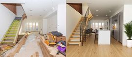 Side-by-side view of a modern home interior under renovation and fully finished with wood floors and staircase.
