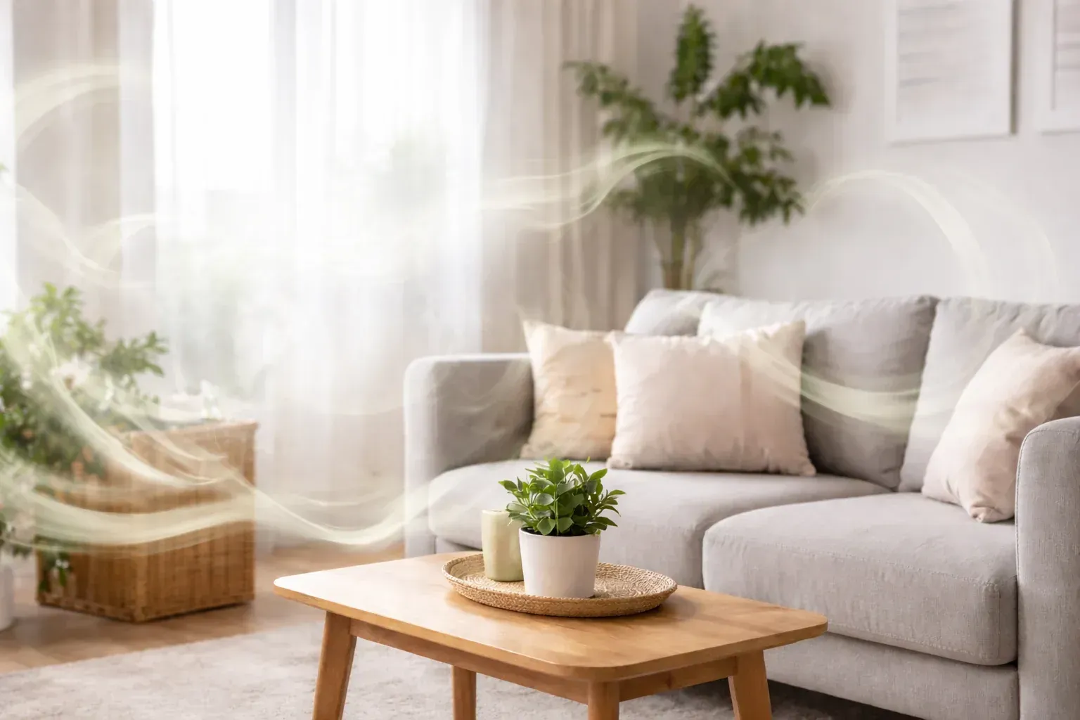Sunlit living room with gray sofa, wooden coffee table, potted plant, and wicker basket by sheer curtains