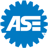 Blue ASE logo with white letters inside a gear-shaped emblem