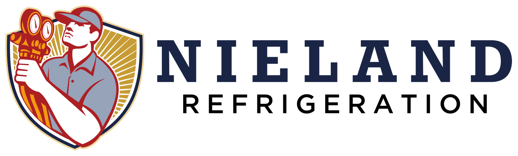 The logo for nieland refrigeration shows a man holding a bottle of beer.