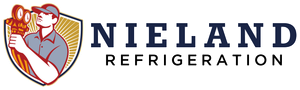 The logo for nieland refrigeration shows a man holding a bottle of beer.
