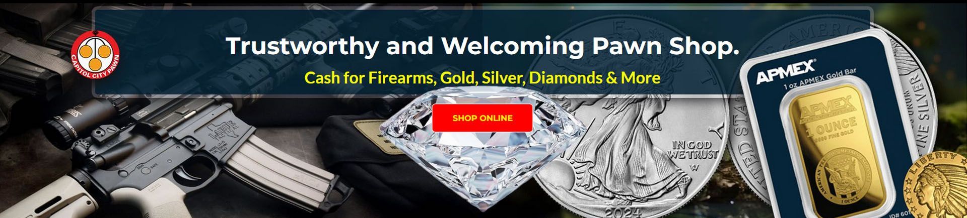 Banner for a pawn shop with guns, jewelry, and gold, promoting trustworthy service.