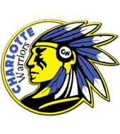 Charlotte Warriors logo with a yellow-and-black profile of a Native American head and blue feather headdress