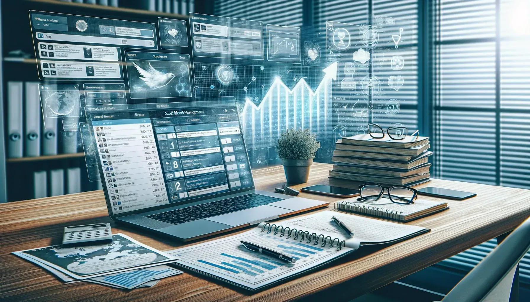 Modern desk with laptop, charts, notebooks, and stacked papers in a bright office with data screens.