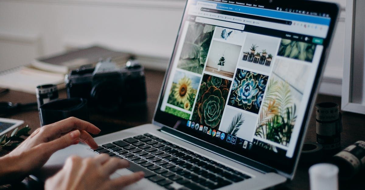 Hands typing on a laptop displaying a photo gallery, with a camera on the desk nearby.