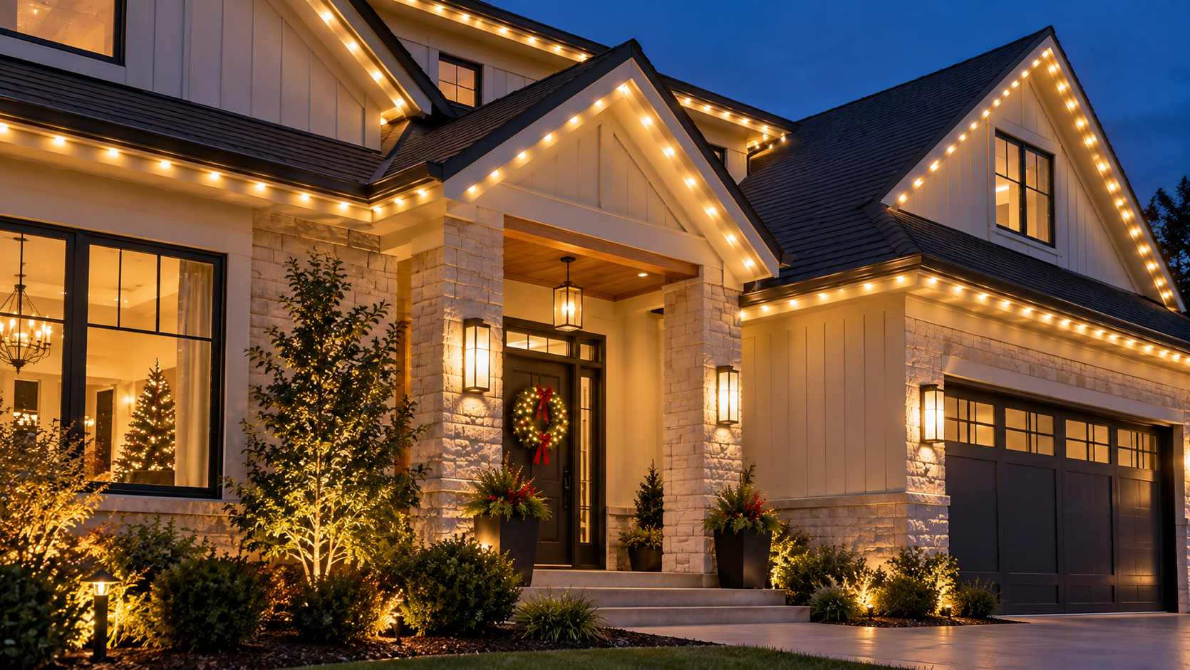 Well-lit suburban house at dusk with warm string lights, brick facade, and a garage