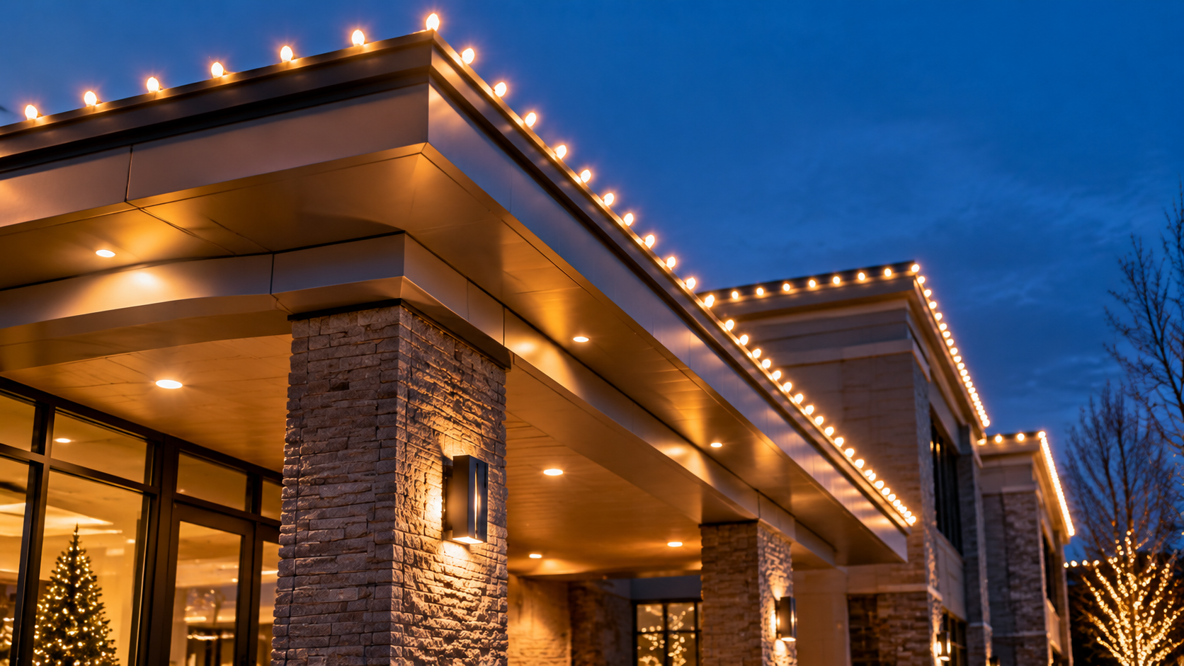 Modern building exterior at dusk with stone columns and warm roofline lights against a blue sky