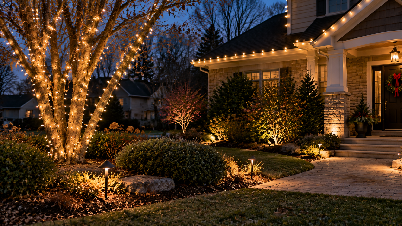 A warmly lit house at night with string lights on a tree and glowing landscape lights along the walkway.