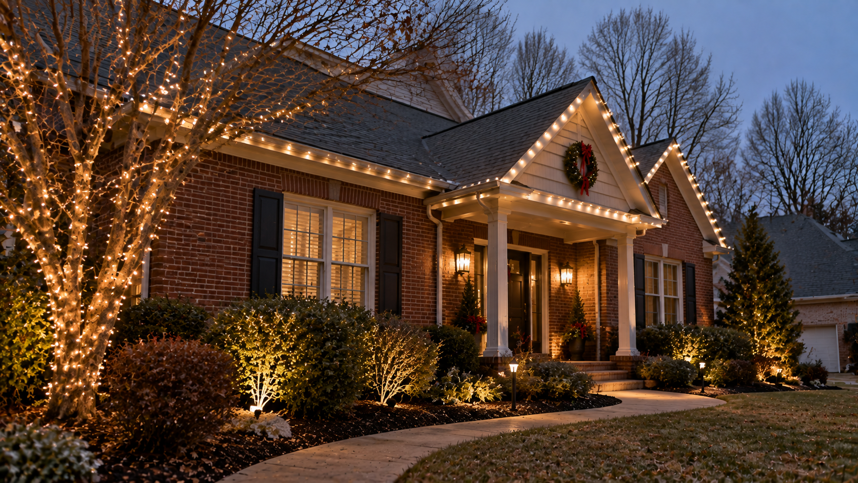 Brick house at dusk with warm holiday lights, lit shrubs, and a curved walkway in front.
