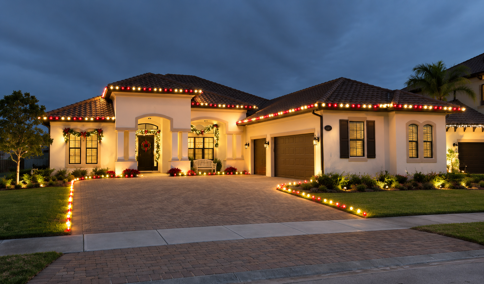 Well-lit single-story house with festive roof lights and a brick driveway at dusk