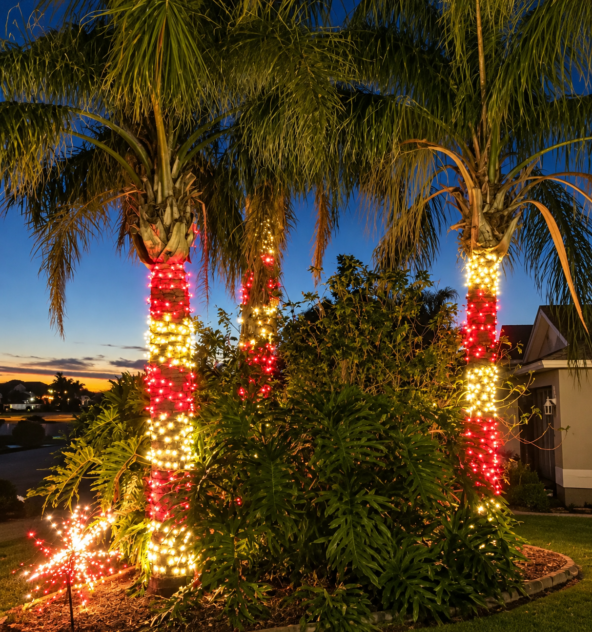 Palm trees wrapped in red and white holiday lights in a dusk-lit yard