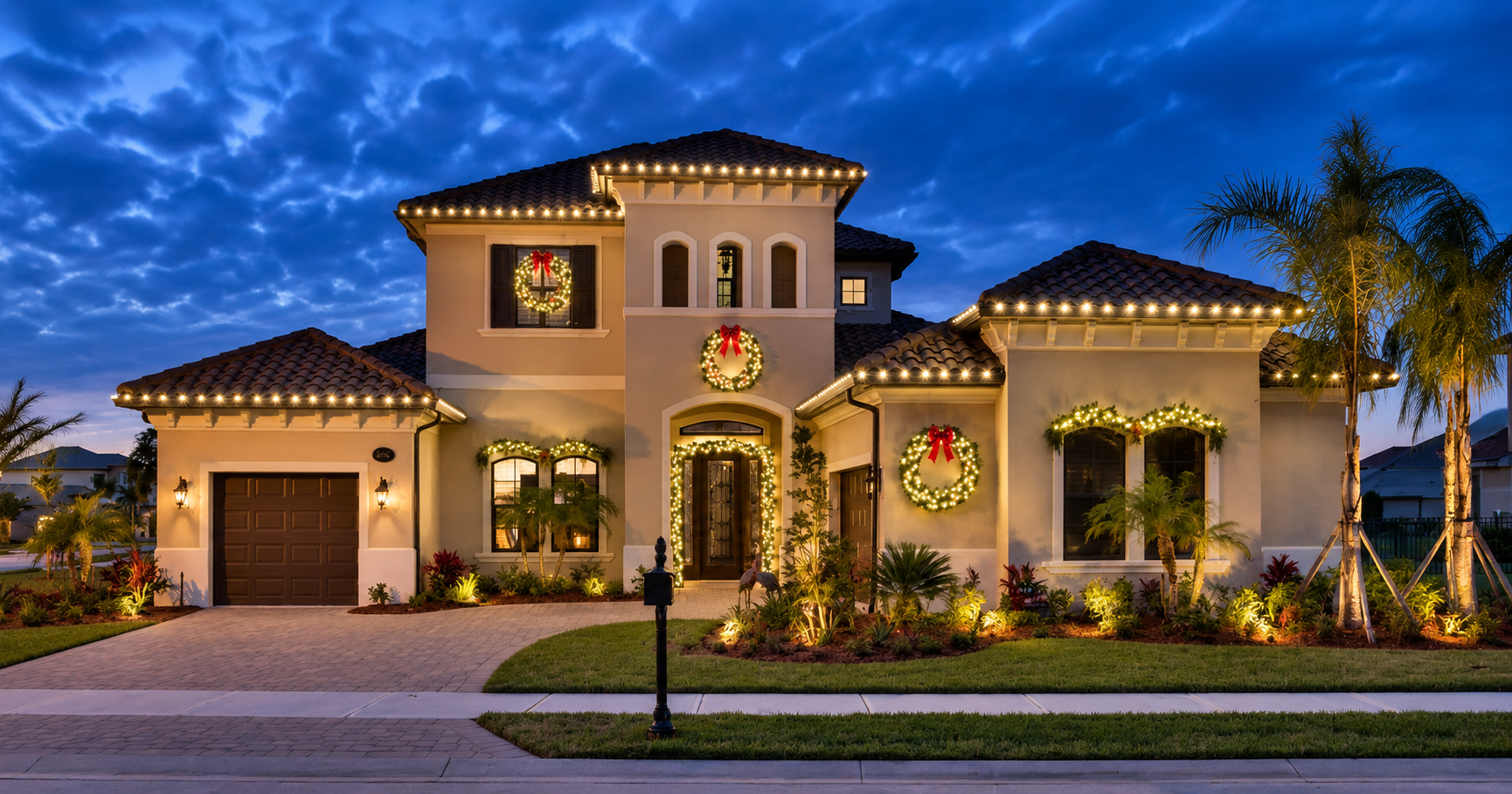 Luxury two-story stucco home at dusk with warm exterior lights, arched windows, palm trees, and a garage