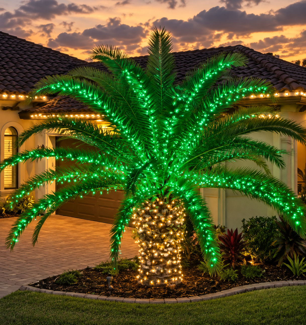 A palm tree wrapped in green and warm white lights in front of a house at sunset.