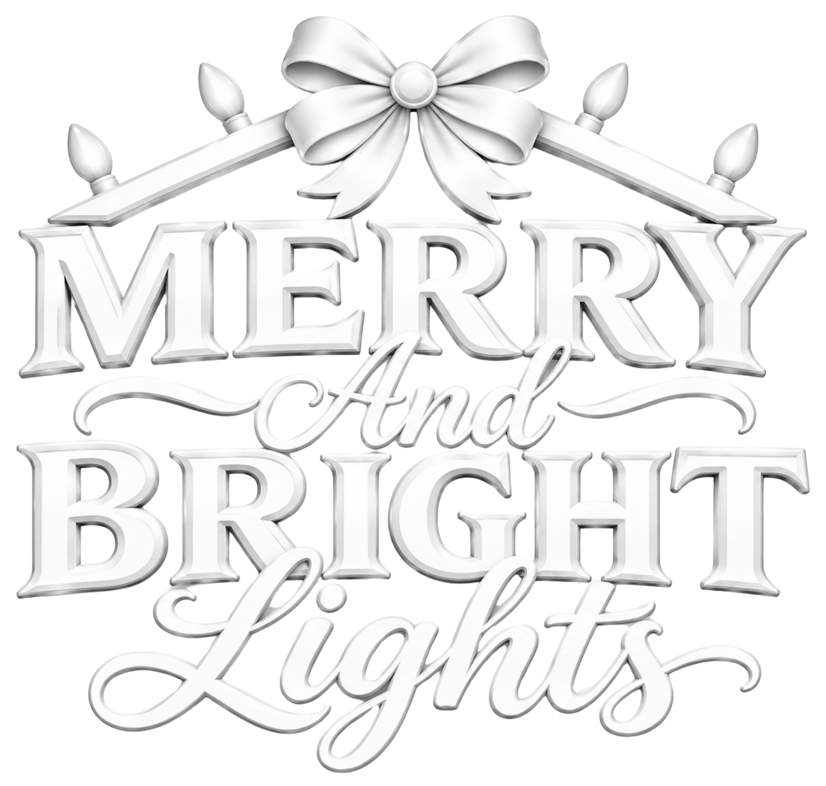 White holiday sign with bow and lights reading “Merry and Bright Lights.”