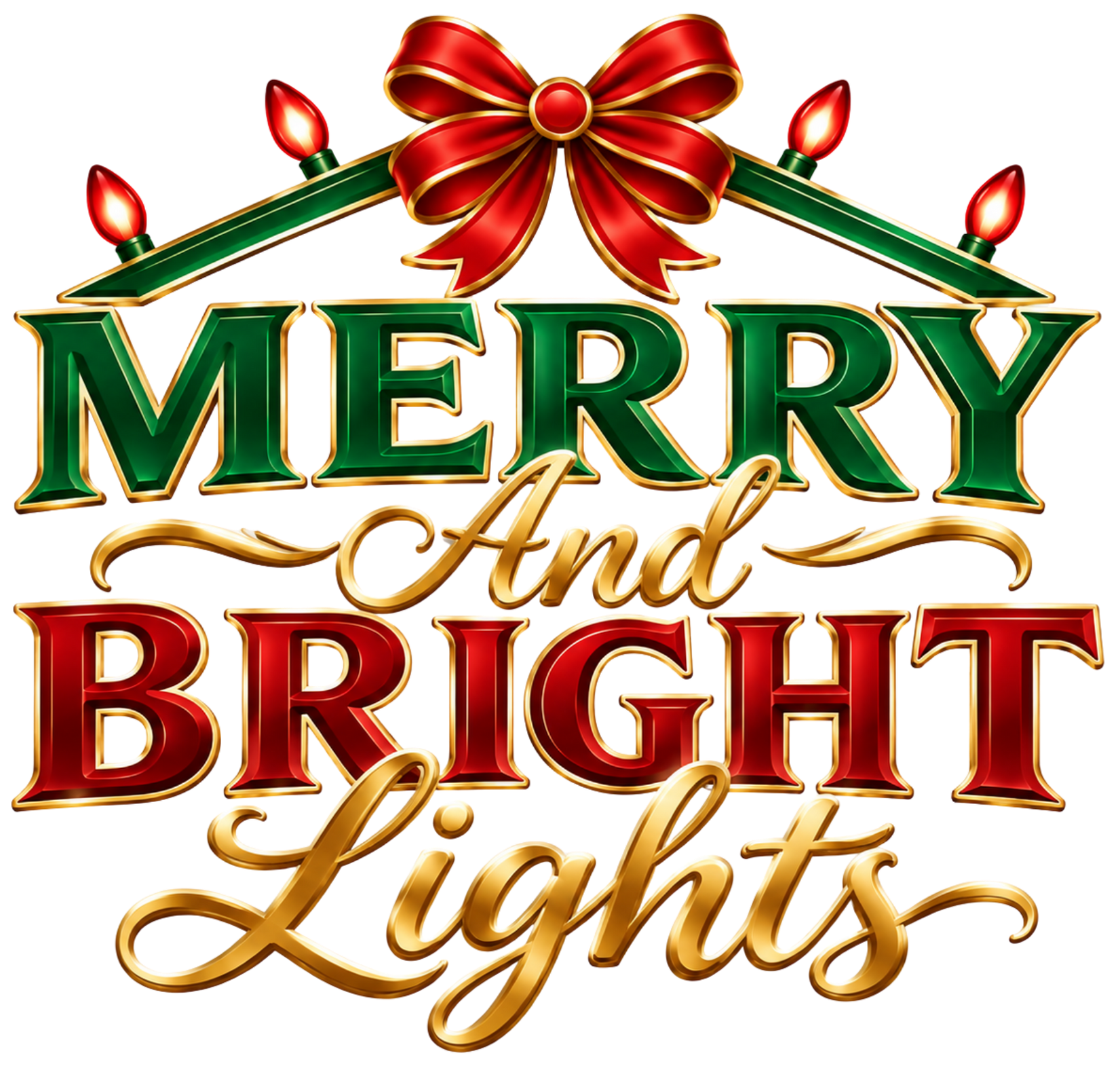 Red and gold holiday greeting reading “Merry and Bright Lights” with a red bow and candle accents