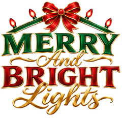 Red and gold holiday greeting reading “Merry and Bright Lights” with a red bow and candle accents